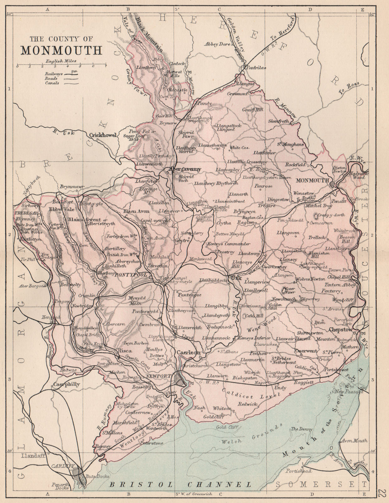 MONMOUTHSHIRE. Antique county map. Railways roads canals. PHILIP 1882 old
